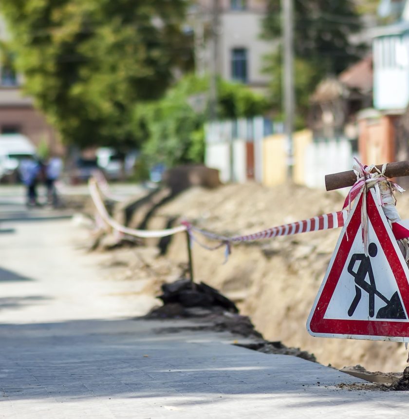 Construction roadwork on street in city